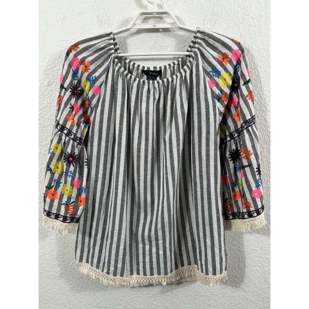 Ali Miles Shirt Womens‎ Large White Stripe Embroidered Boho Peasant 3/4 Sleeve